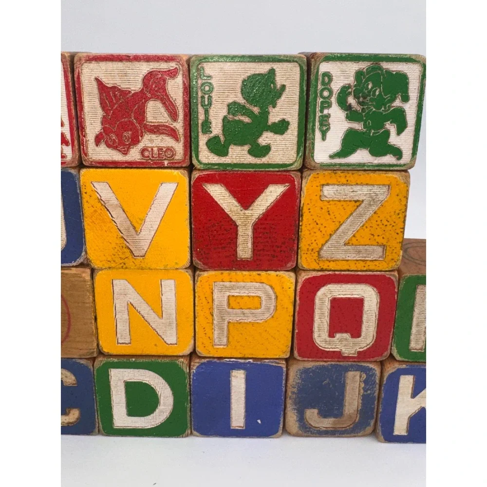 21 Vintage Wooden Alphabet Pictorial Blocks Disney Characters 1.8 Inch Nursery